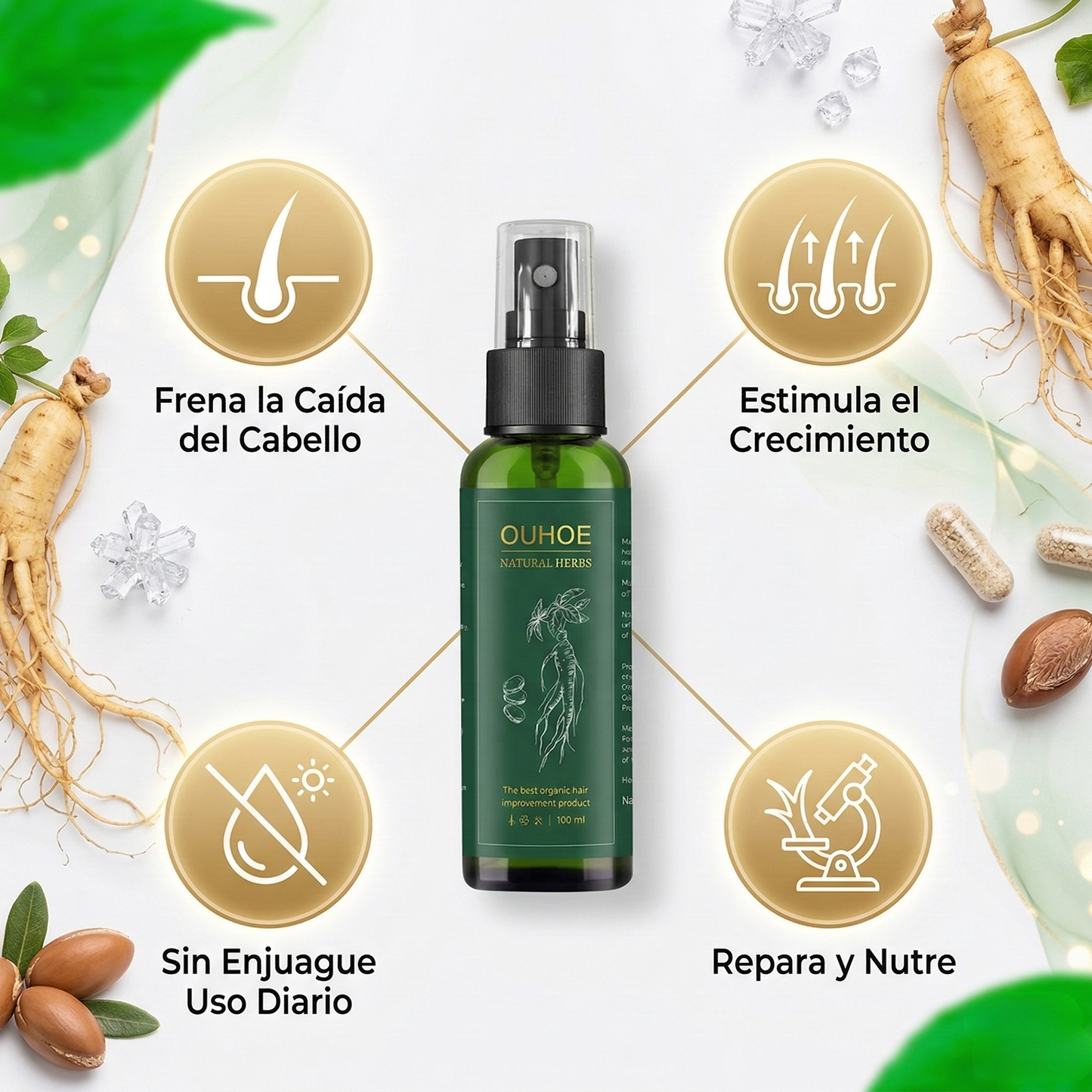 Elixir OUHOE 100ml con Ginseng – Crecimiento Capilar, Fortalecimiento y Control de Caída